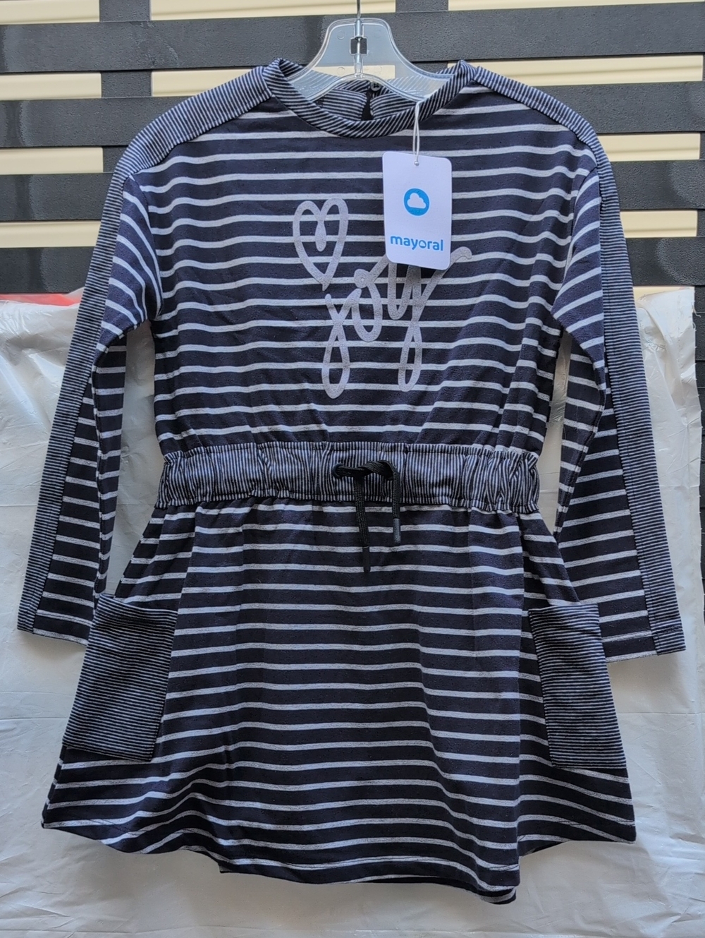 Mayoral Striped Long-Sleeve Drawstring Waist Dress